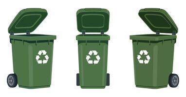 Three Green Recycling Bins with Open and Closed Lids for Waste Disposal and Environmental Conservation vector