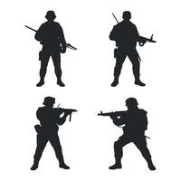 Four Silhouettes of Soldiers in Various Combat Poses with Rifles and Submachine Guns vector
