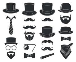 Collection of Gentleman Accessories Icons Hats Mustaches Beards Bow Ties and More vector