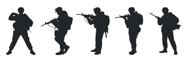 Five Silhouettes of Soldiers in Various Combat Poses with Rifles and Backpacks vector