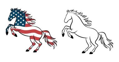 American Flag Horse Silhouette with Rearing Pose and Outline Version Patriotic Symbol of Freedom and Strength Illustration on White Background vector