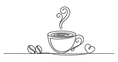 Continuous Line Drawing of a Steaming Coffee Cup with Coffee Beans and Heart vector