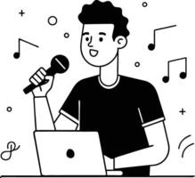 A man with a microphone and laptop in front of a microphone vector