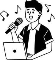A man with a microphone and laptop holding a microphone vector