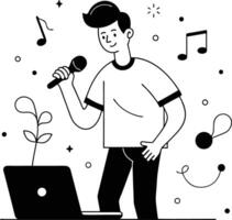 A man is singing into a microphone and holding a laptop vector