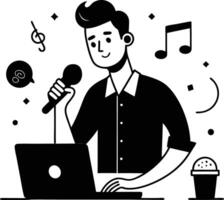 A man is holding a microphone and a laptop vector