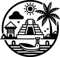 A black and white image of a boat and palm trees vector