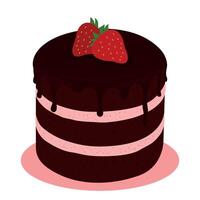 Illustration of a layered chocolate cake filled with strawberry cream and decorated with strawberries vector