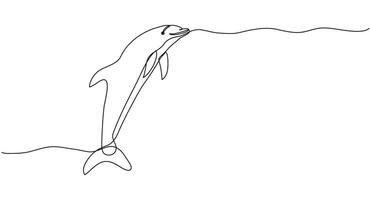 Dolphin in continuous one line art style. Minimalist black drawing of ocean animal on white background. Hand drawn editable stroke. Outline marine banner concept with copy space vector