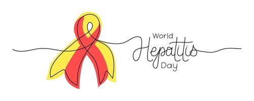 World Hepatitis Day text banner template. Editable stroke hand drawn lettering. One continuous line art background with red and yellow ribbon. Outline drawing typography Inflammatory liver disease. vector