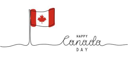 Happy Canada day one line art background with flag and maple leaf. Editable stroke hand drawn lettering. Text banner template. Outline drawing with typography vector