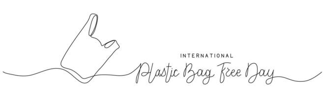 Plastic Bag Free Day one line art background. Editable stroke hand drawn lettering. Text banner template. Outline drawing with typography vector