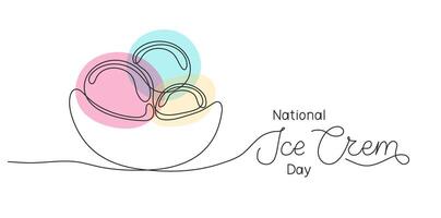 National Ice Cream Day one line art background with sweet balls. Editable stroke hand drawn lettering. Text banner template. Outline drawing with typography for poster card. vector
