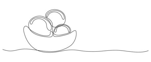 Ice cream balls in continuous line art drawing style. Black outline sketch on white background. Ice-cream scoops on bowl summer banner with copy space vector