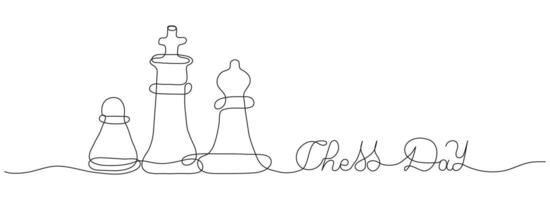 International Chess Day one line art background with rook pawn and king. Editable stroke hand drawn lettering. Text banner template. Outline drawing with typography for poster card. vector