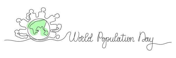 World Population Day one line art background with planet Earth, globe and man woman silhouette. Editable stroke hand drawn lettering. Text banner template. Outline drawing with typography vector
