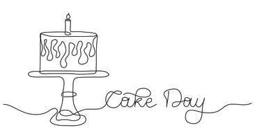 International Cake Day words in continuous one line art style. Minimalist black drawing on white background. Hand drawn quote with editable stroke. Outline handwritten script. Dessert, Sweet pastries. vector