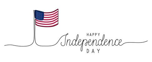 Independence Day 4th of July one line art background with flag. Editable stroke hand drawn lettering. Text banner template. Outline drawing with typography vector