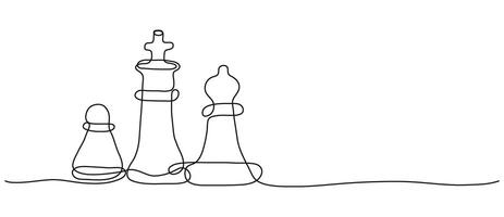 Chess in continuous one line art style. Minimalist black drawing on white background with copy space. Hand drawn pawn rook and king with editable stroke. Outline game element. vector