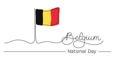 National Day of Belgium one line art background with flag black yellow red. Text banner template. Outline drawing with typography for poster card. Editable stroke hand drawn lettering vector