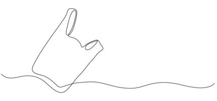 Plastic bag continuous one line art illustration. Waste package drawing. Minimalist linear hand drawn editable stroke. Banner with copy space for text. vector