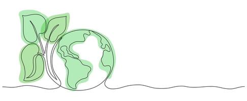 Planet Earth with leaves in one line art style banner copy space. World nature conservation day. Single continuous editable stroke growing plant and globe. Eco concept design sketch drawing. Save. vector