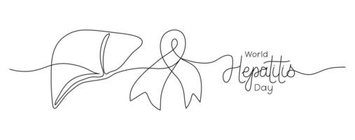 One line Liver and ribbon on World Hepatitis Day text banner template. Editable stroke hand drawn lettering. Continuous art background. Outline drawing typography Inflammatory disease. vector