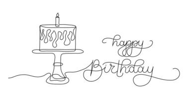 Happy Birthday text banner template with cake and candle. Editable stroke hand drawn lettering. One continuous line art background. Outline drawing with typography for poster card anniversary. vector