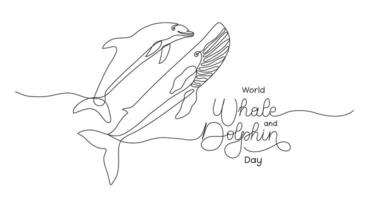 Whale and Dolphin Day July 23 black text banner template. Concept of problem preserving animal in the ocean. Editable stroke hand drawn lettering. One line art background. Outline drawing typography. vector
