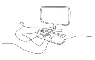 Hands typing on laptop keyboard one line drawing. Inputting data, employee working, businessman. single hand drawn editable stroke. Outline dark administrator IT specialist accountant concept. vector