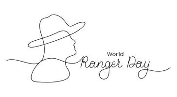 World Ranger Day text banner template. Editable stroke hand drawn lettering. One continuous line art background a man with a hat on his head. Outline drawing with typography for poster card. vector