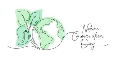 World Nature Conservation Day text banner template. One continuous line art background globe and leaves. Editable stroke hand drawn lettering. Outline drawing typography eco natural concept sketch. vector