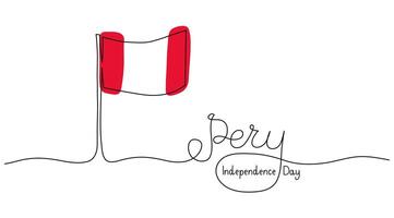 Independence Day in Peru text banner template. Editable stroke hand drawn lettering. One continuous line art background with Flag white red. Outline drawing with typography for poster card. vector