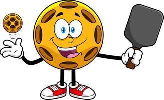 Smiling Pickleball Character Holding Paddle And Waving Hello vector