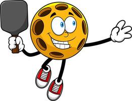 Happy Pickleball Character Jumping With Paddle And Waving Hand vector