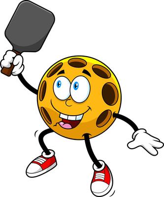 Excited Pickleball Ball Character Leaping With Sports Paddle