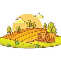an illustration of a field with hay bales vector