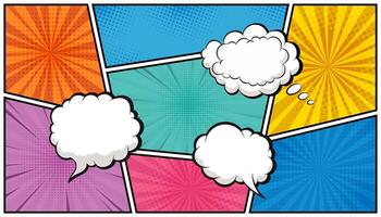 Comic book page template with empty dialog bubbles. Graphic layout with blank speech clouds. Pop art background illustration. vector
