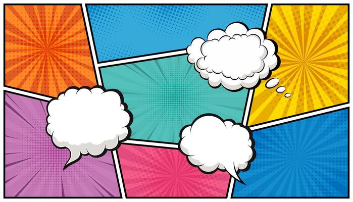 Comic book page template with empty dialog bubbles. Graphic layout with blank speech clouds. Pop art background illustration.