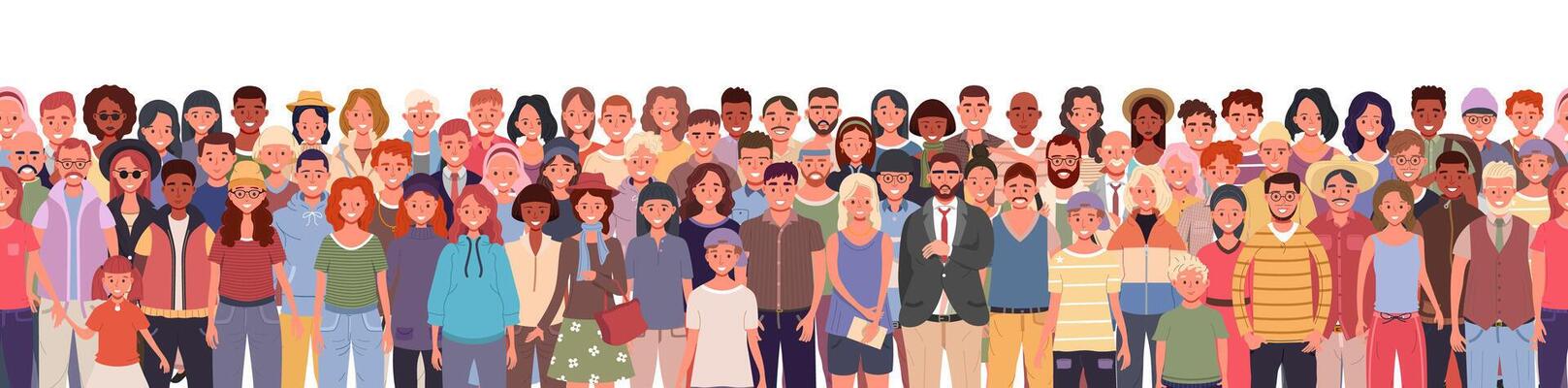 Standing group of people seamless pattern. Including kids, teenagers, adults, and seniors. Men and women, young and old, from different cultures illustration