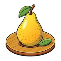 a pear on a wooden plate with leaves vector