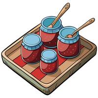 Cottagecore a tray with jars of jam and two spoons vector