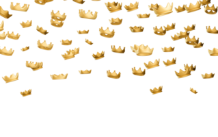 Golden crowns are falling from above in a captivating 3D render. The crowns are suspended in mid-air, creating a mesmerizing visual effect on transparent backdrop. Header. png