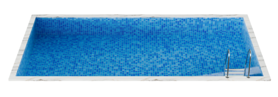 This 3D render showcases a rectangular swimming pool from a front view, featuring vibrant blue water and elegant tile patterns, perfect for relaxation and recreation. Transparent background. png