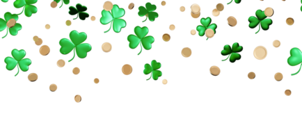 Vibrant green clovers and shiny coins falling down and creating a lively pattern against transparent background, perfect for celebrations and good luck themes. Header, top border. png