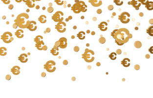 Euro signs in gold are falling downward, creating a dynamic visual effect suitable for financial presentations. The isolated design enhances the focus on currency and wealth. Header with euros. png