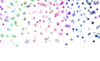 Rainbow-colored confetti falls gracefully from above, creating a lively visual display. Festive header with rainbow particles, isolated on transparent background. png