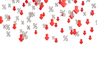 Red arrows and metallic percentage signs are falling down against transparent background. Good discounts, sales. Price go down. Header, 3D render. png