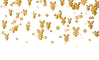 Yen signs and shimmering gold coins fall gracefully from above, creating a lively and dynamic visual effect against transparent backdrop, perfect for financial themes. Header, top border. png