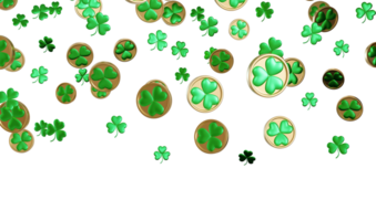 A 3D render features green clovers and gold coins falling down against transparent background, symbolizing luck and wealth commonly associated with St. Patrick's day festivities. Header, top border. png